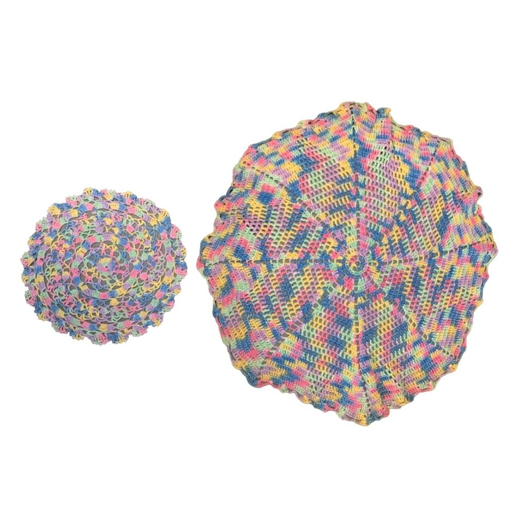Handmade Multicolor Crochet Doily Set - 16" & 7" - Rainbow Decor for Tables & Sh